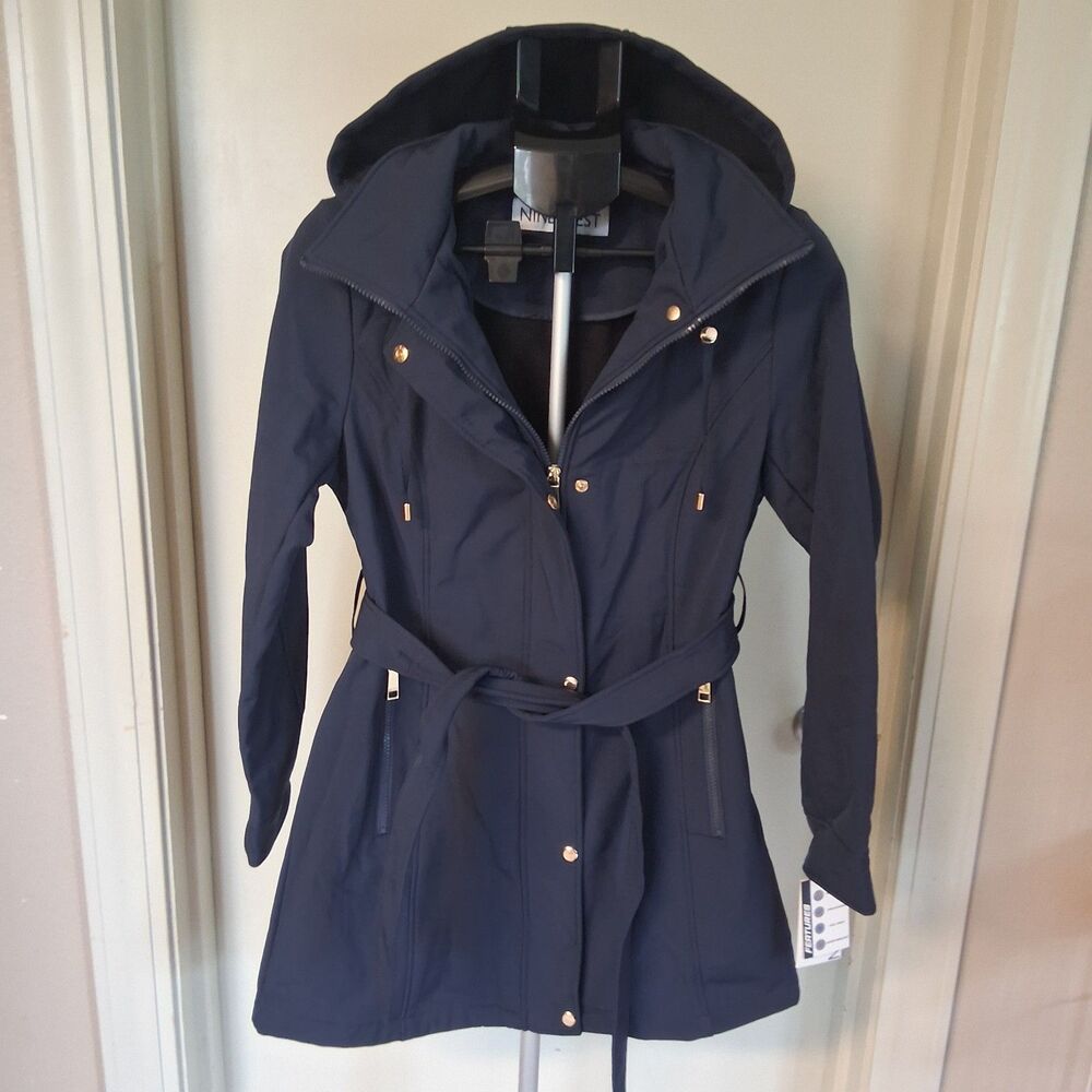 NWT Nine West Belted Softshell Hooded All Weather Rain Jacket/Coat Small Navy